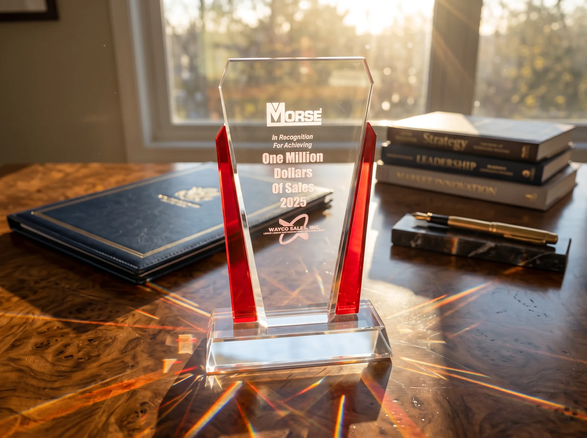 Custom crystal recognition award with red accents commemorating One Million Dollars in Sales